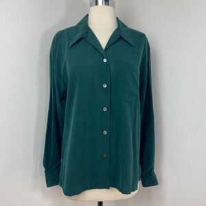 Casual Corner Hunter Green Silk Blouse Med Long Sleeves Button Front Office Chic